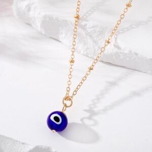 Evil Eye Glass Pendant Necklace Simple Gold Tone Minimalist Glass Good Luck